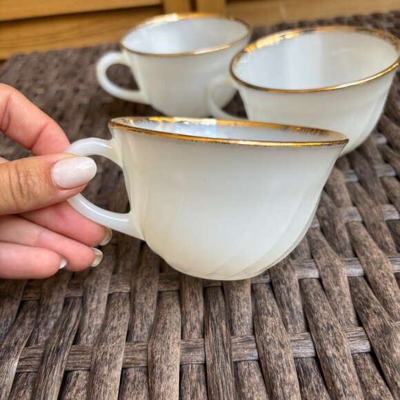 Vintage Fire-King Swirl White Milk Glass Cups with Gold Trim – Set of 3 - Picture 2 of 7